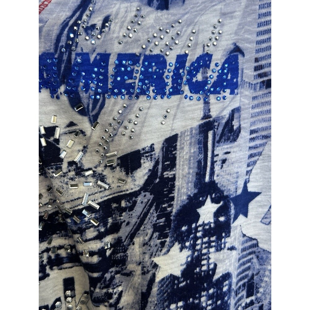 Unique Woman 2X Patriotic Stars Graphic Tunic T-Shirt V-Neck Rhinestone Button - Picture 7 of 16